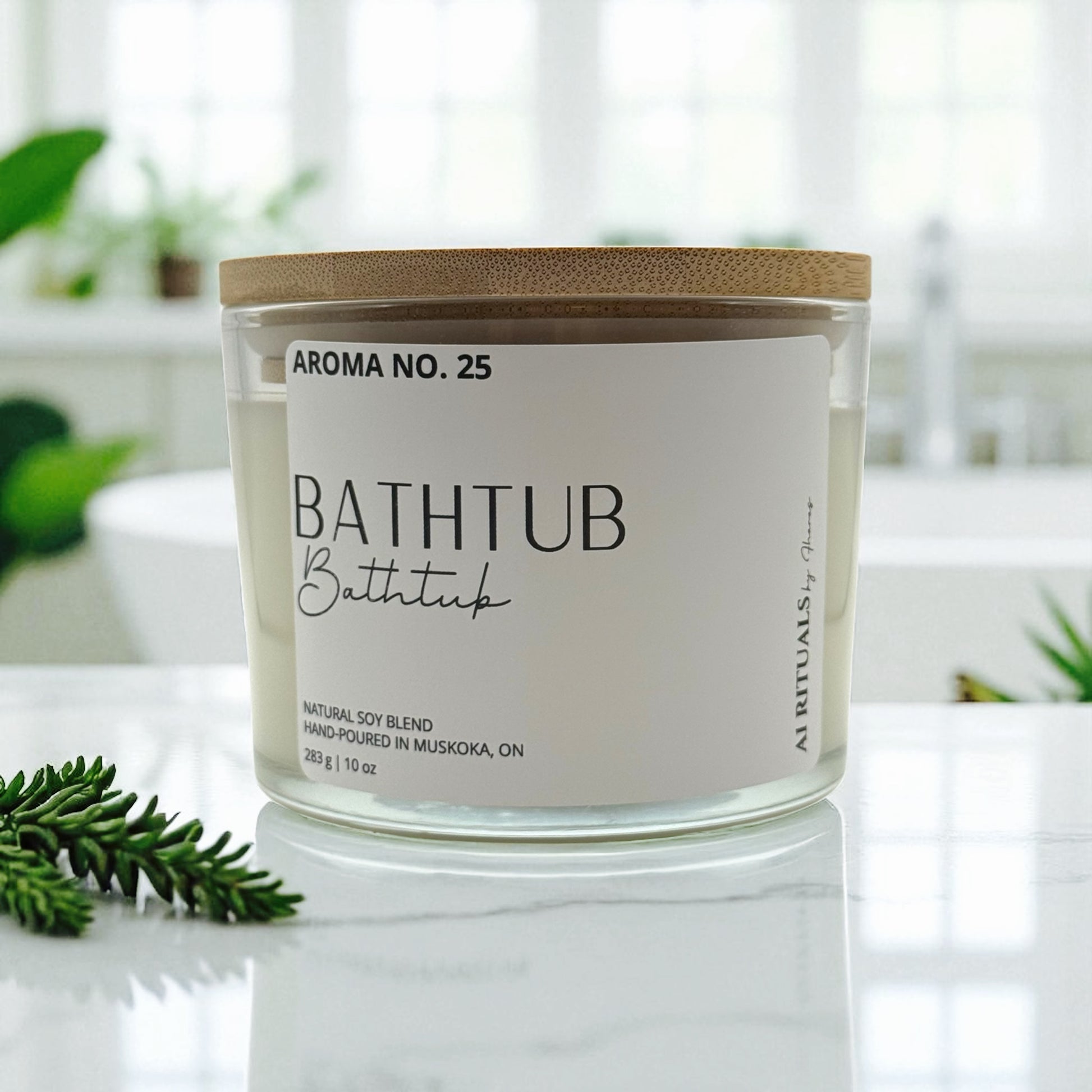 Candle labeled 'Bathtub' with a wooden lid on a reflective surface.