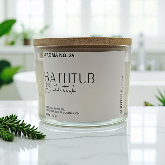 Candle labeled 'Bathtub' with a wooden lid on a reflective surface.